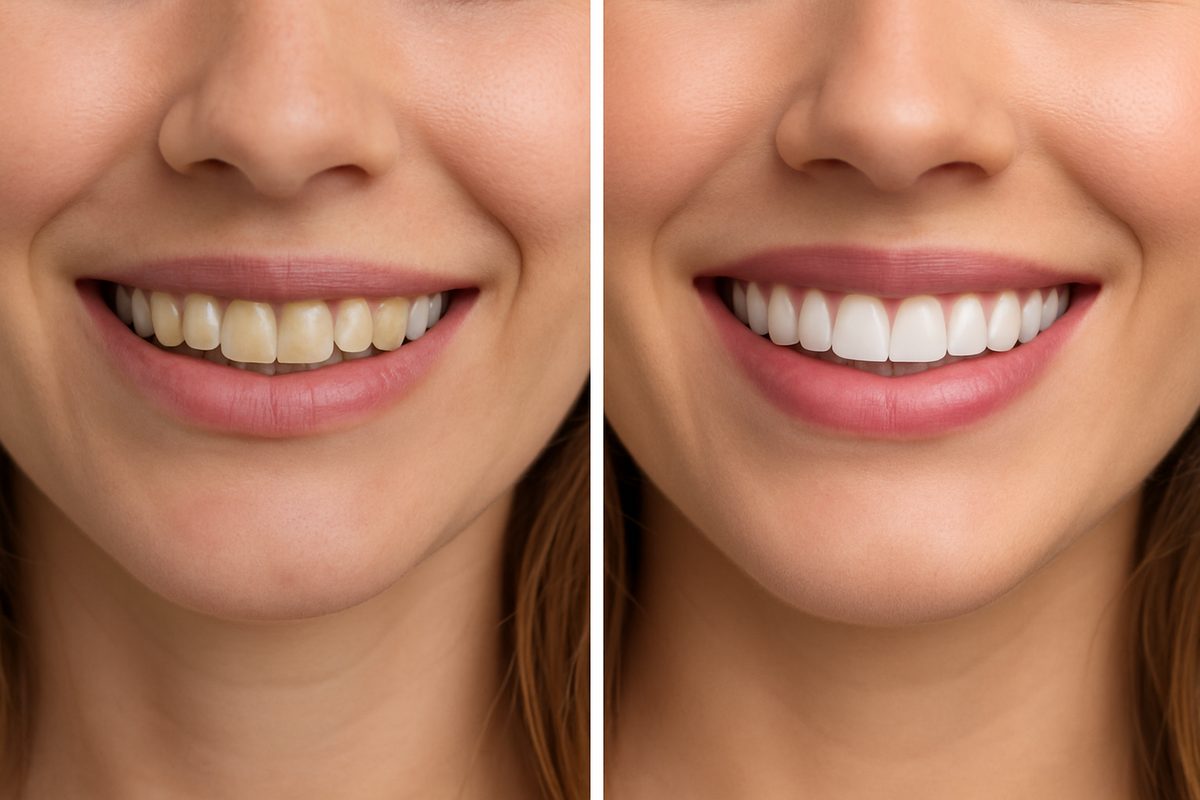 A before and after image showing a woman's smile transformation with porcelain veneers. The "before" side shows teeth with discoloration and slight imperfections, while the "after" side reveals a bright, even, and perfectly aligned smile. No text on image.