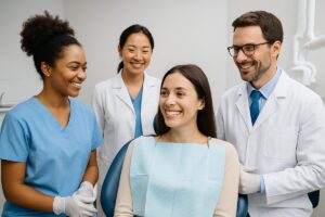 Image of a friendly, diverse dental staff, including both a male and female dentist MD, interacting with a smiling patient in a modern dental office. No text on the image.