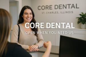 A smiling woman is being greeted at the front desk of Core Dental in St. Charles, Illinois. The office is clean and modern. The text on the image reads "Core Dental: Open When You Need Us".