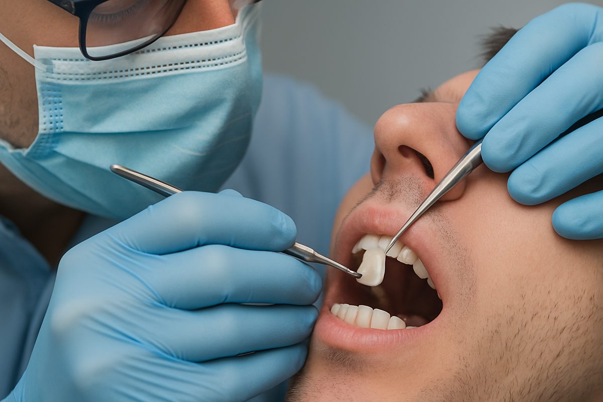 Close up of a dentist applying a porcelain veneer to a patient's tooth with precision, using dental tools. The focus is on the veneer placement and the dentist's expertise. No text on the image.