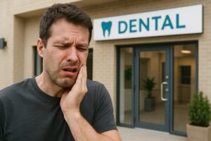 Photo of a person experiencing sudden tooth pain, clutching their cheek in distress, contrasted with a welcoming dental clinic exterior in the background. No text on the image.