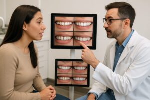 A woman is talking to her dentist about the cost of veneers. The dentist is pointing to a digital display of before and after photos of other veneer patients. No text on image.