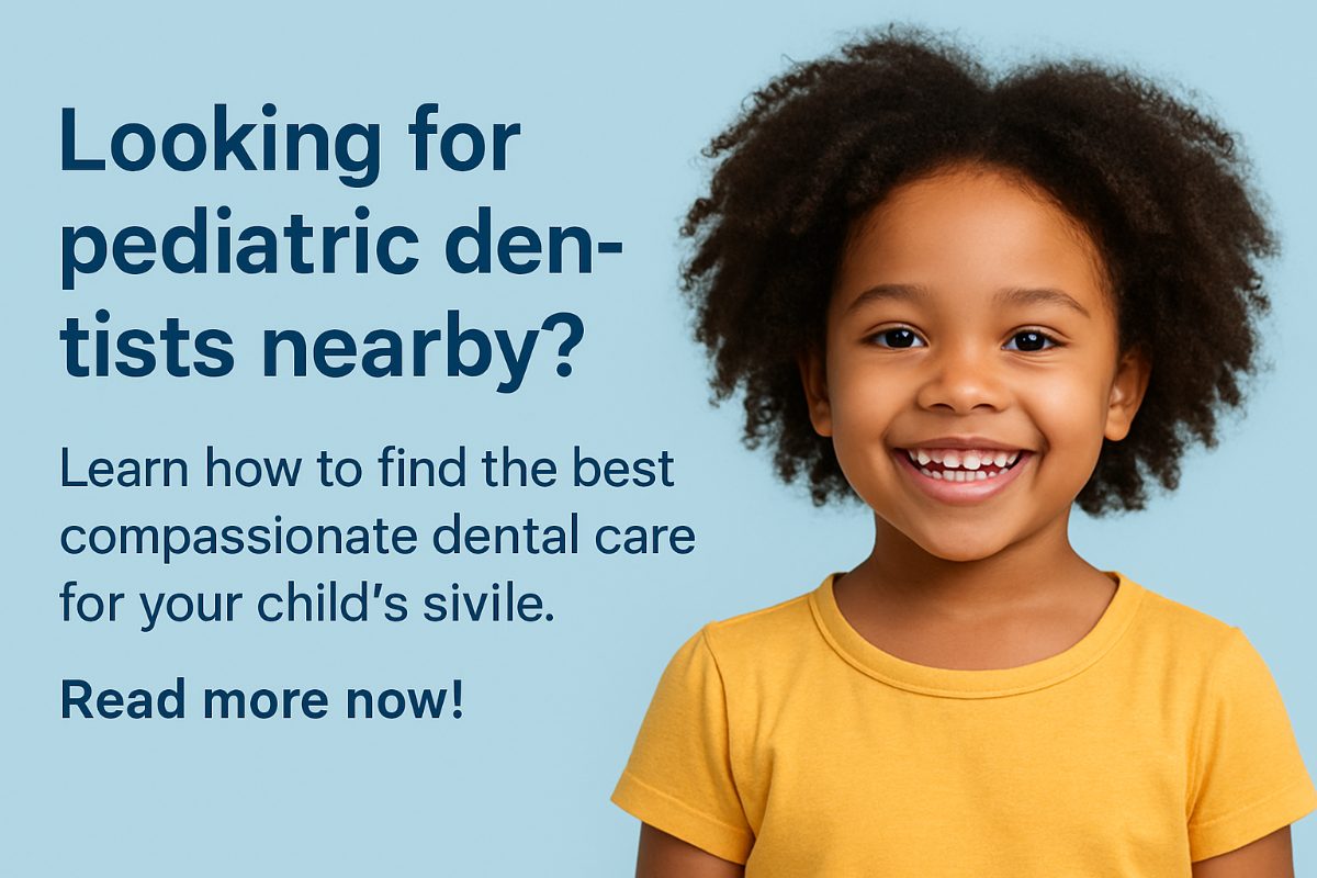 A smiling young child is sitting in a dentist chair while a pediatric dentist shows them tools, counting teeth. No text on image.