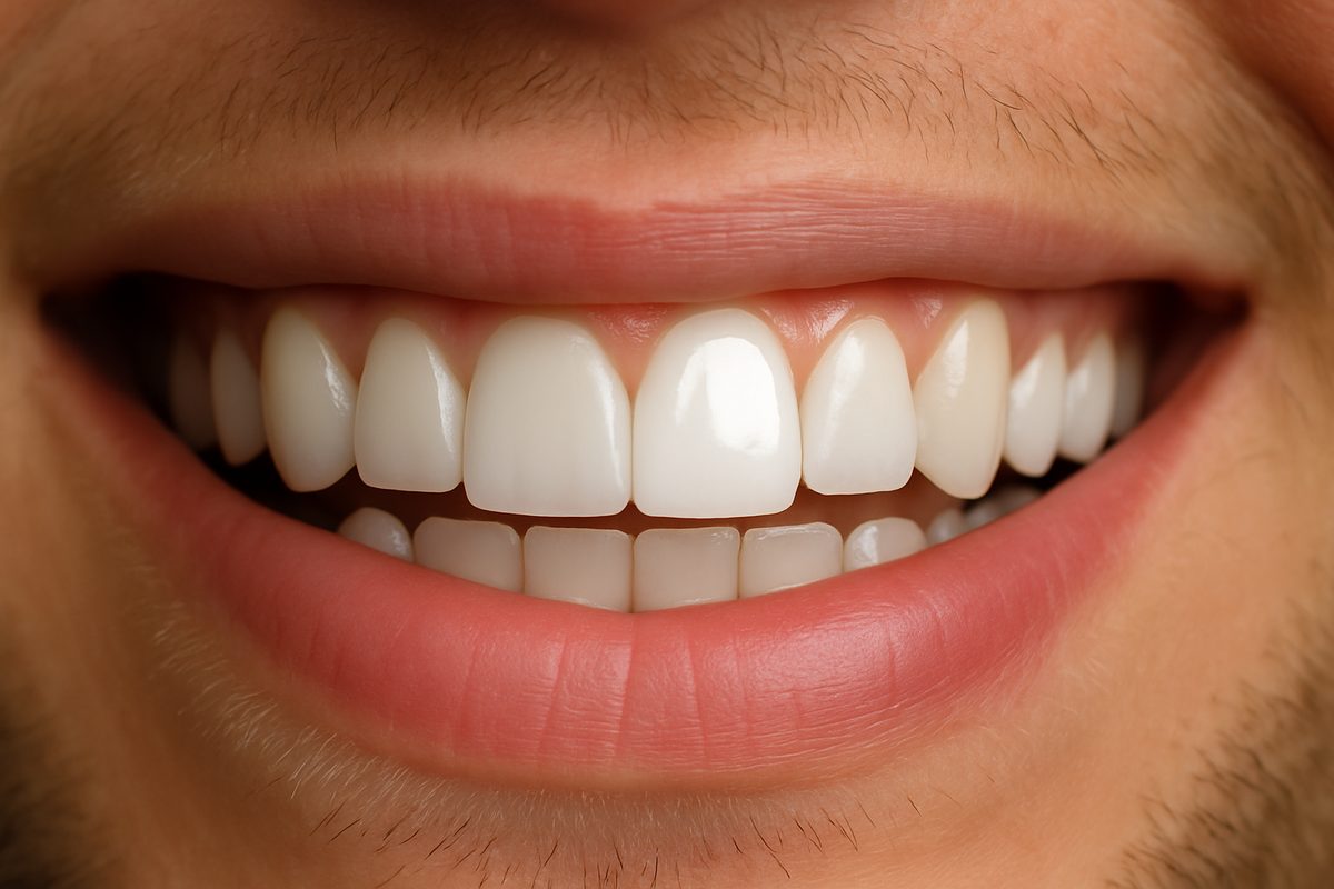 A close-up of a person's smile with a single, perfectly shaped and brightened veneer on one of their front teeth, highlighting the aesthetic improvement. No text on image.
