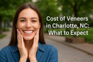 A woman is smiling and showing off her new porcelain veneers in Charlotte, NC. The text overlay should read "Cost of Veneers in Charlotte, NC: What to Expect".