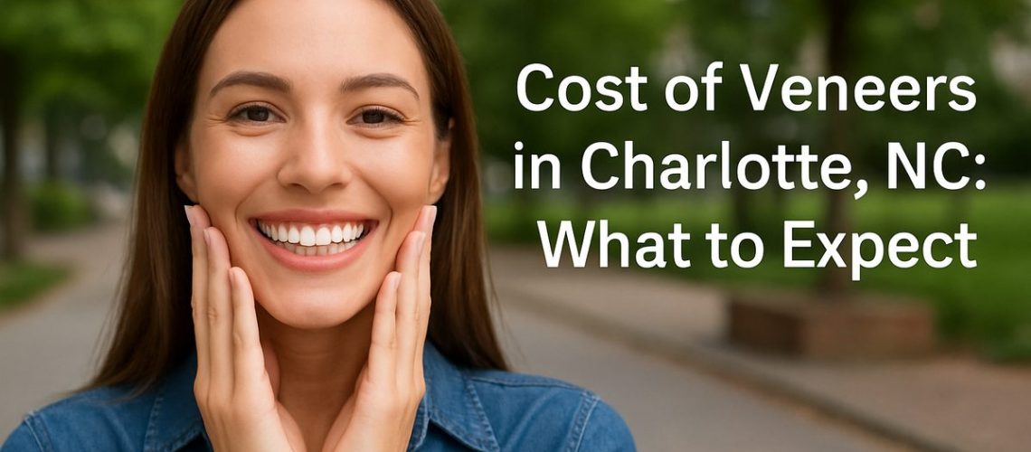 A woman is smiling and showing off her new porcelain veneers in Charlotte, NC. The text overlay should read 