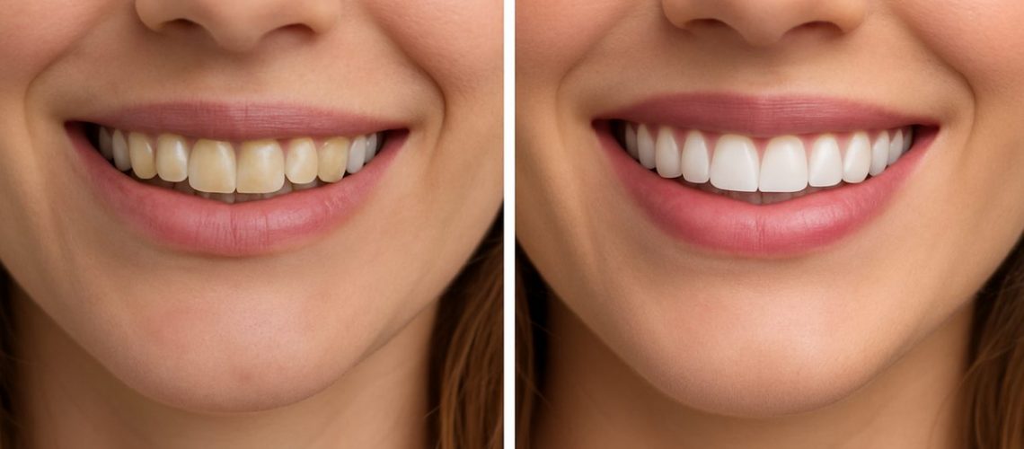 A before and after image showing a woman's smile transformation with porcelain veneers. The 