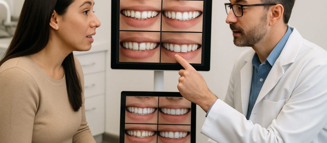 A woman is talking to her dentist about the cost of veneers. The dentist is pointing to a digital display of before and after photos of other veneer patients. No text on image.