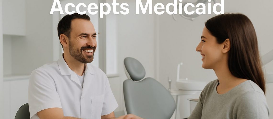 A friendly dentist smiles and shakes hands with a new patient in a modern dental office. The text on the image says 
