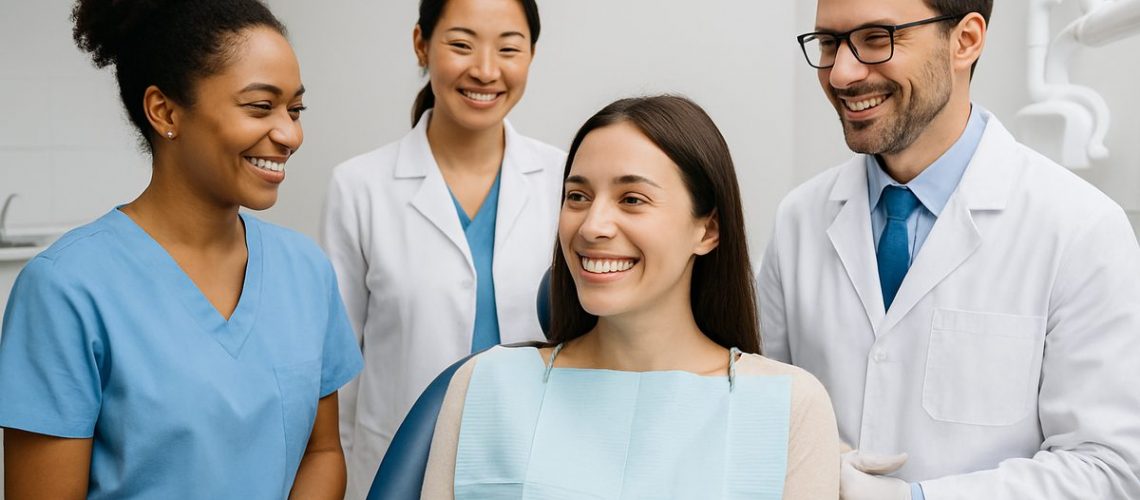 Image of a friendly, diverse dental staff, including both a male and female dentist MD, interacting with a smiling patient in a modern dental office. No text on the image.