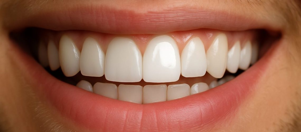 A close-up of a person's smile with a single, perfectly shaped and brightened veneer on one of their front teeth, highlighting the aesthetic improvement. No text on image.