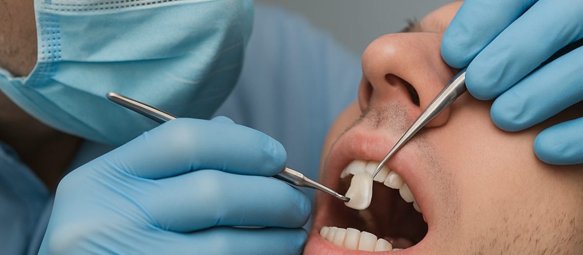Close up of a dentist applying a porcelain veneer to a patient's tooth with precision, using dental tools. The focus is on the veneer placement and the dentist's expertise. No text on the image.